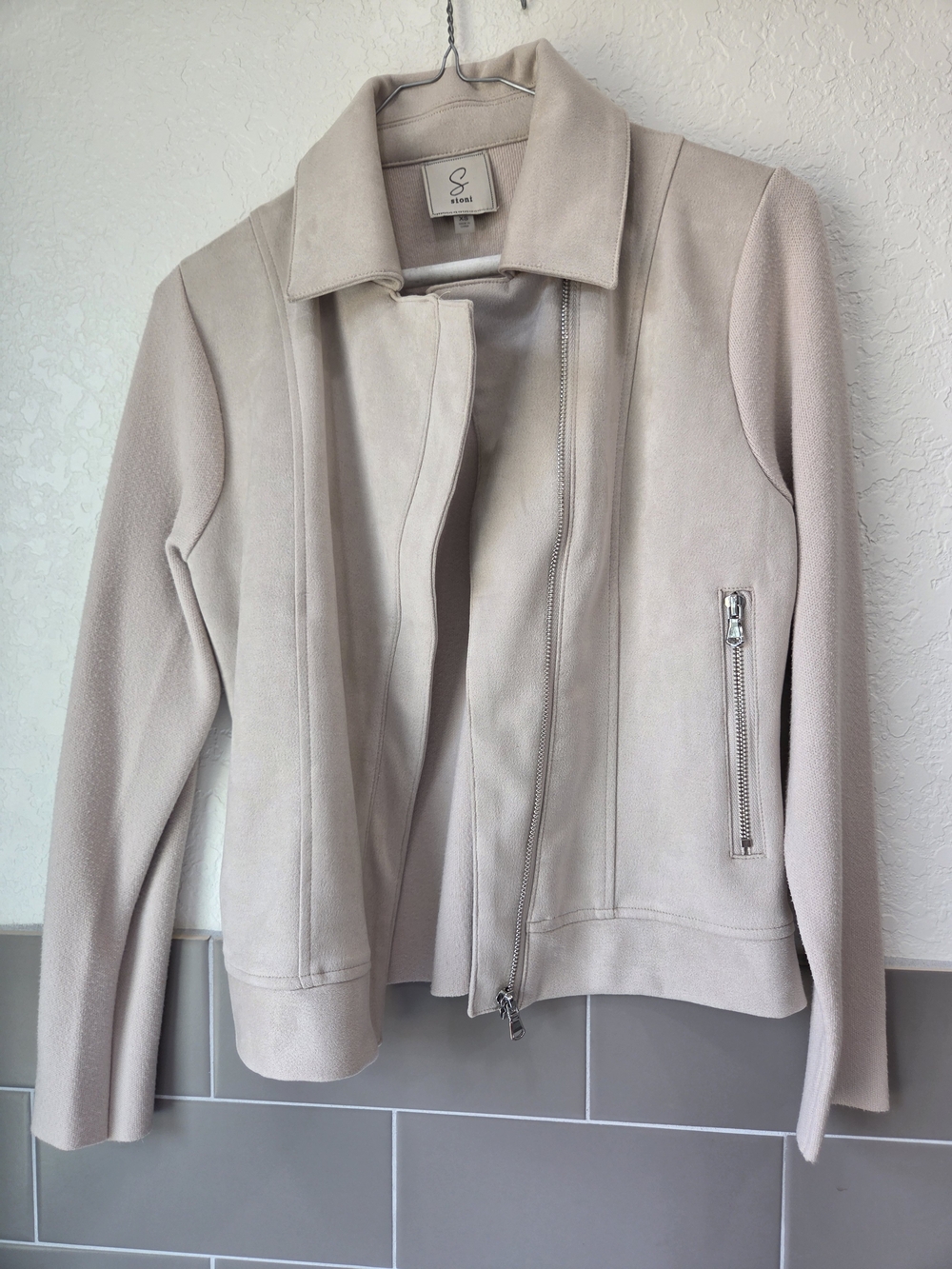 Sioni Light Cream Asymmetric Zip Moto Jacket